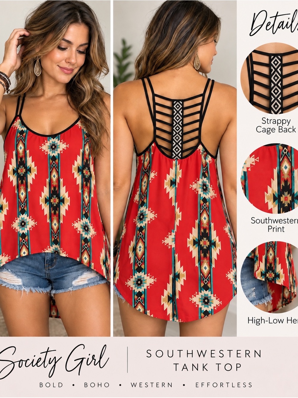 Society Girl Southwestern Aztec Cage Back High Low Tank Top M NWT